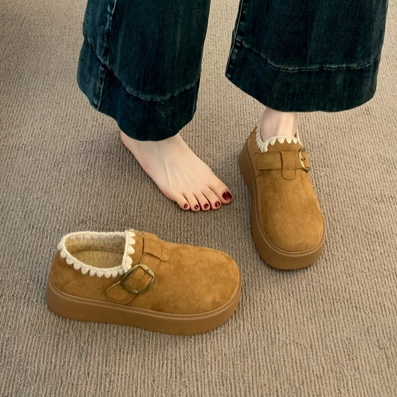 厚底加绒勃肯鞋女2025新款冬季一脚蹬女鞋低帮雪地靴二棉鞋乐福鞋