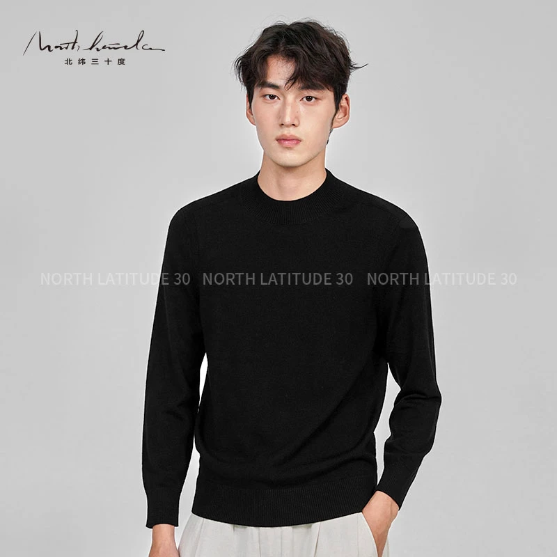 北纬三十度设计师男装基础款经典圆领长袖绵羊毛针织休闲套头毛衫