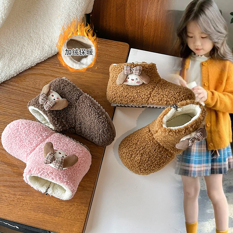 女童加绒翻边棉鞋防滑冬季棉靴女宝宝加厚小女孩卡通风毛绒毛毛鞋