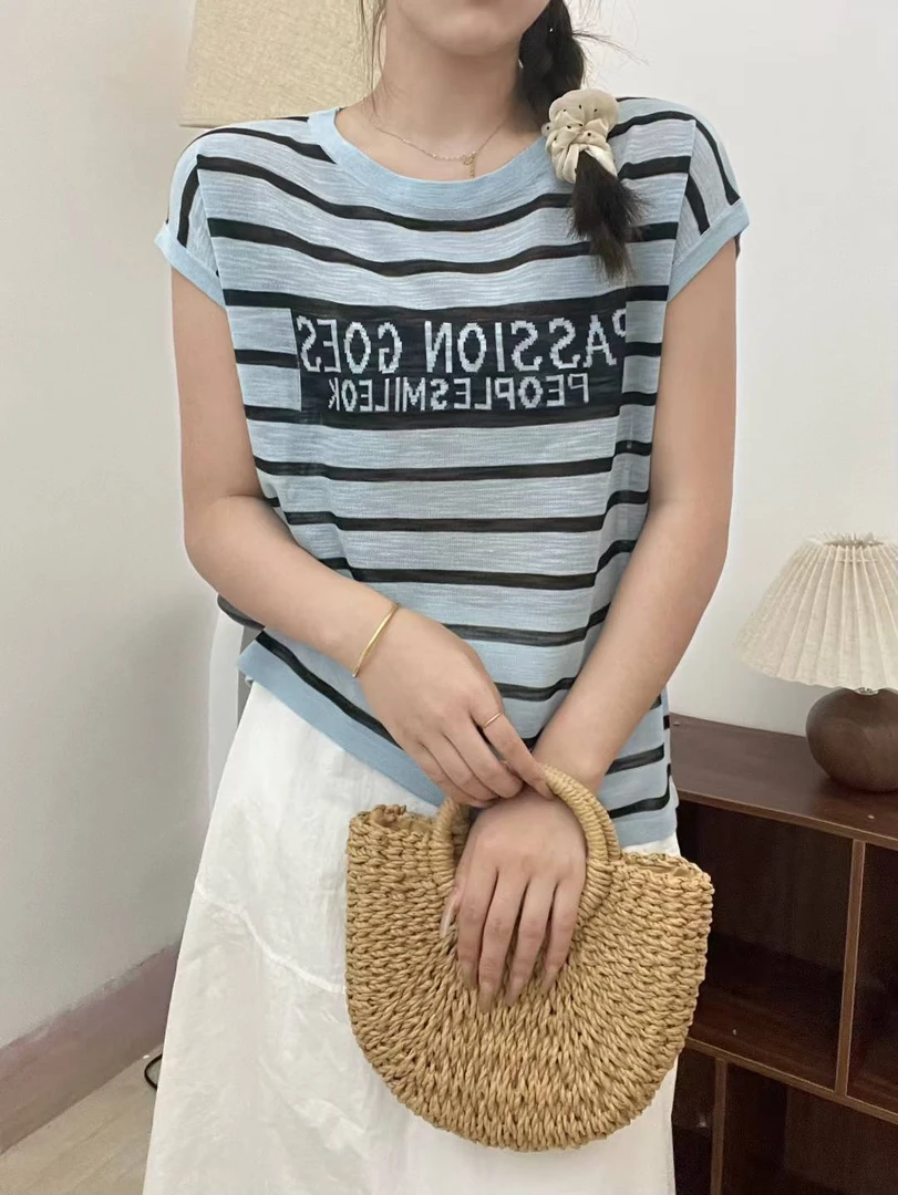 上衣短袖女夏季字母时尚条纹针织衫印花薄款针织衫