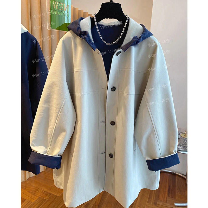 【双面穿】韩国撞色拼接连帽风衣女中长款2025春新款宽松显瘦高级感