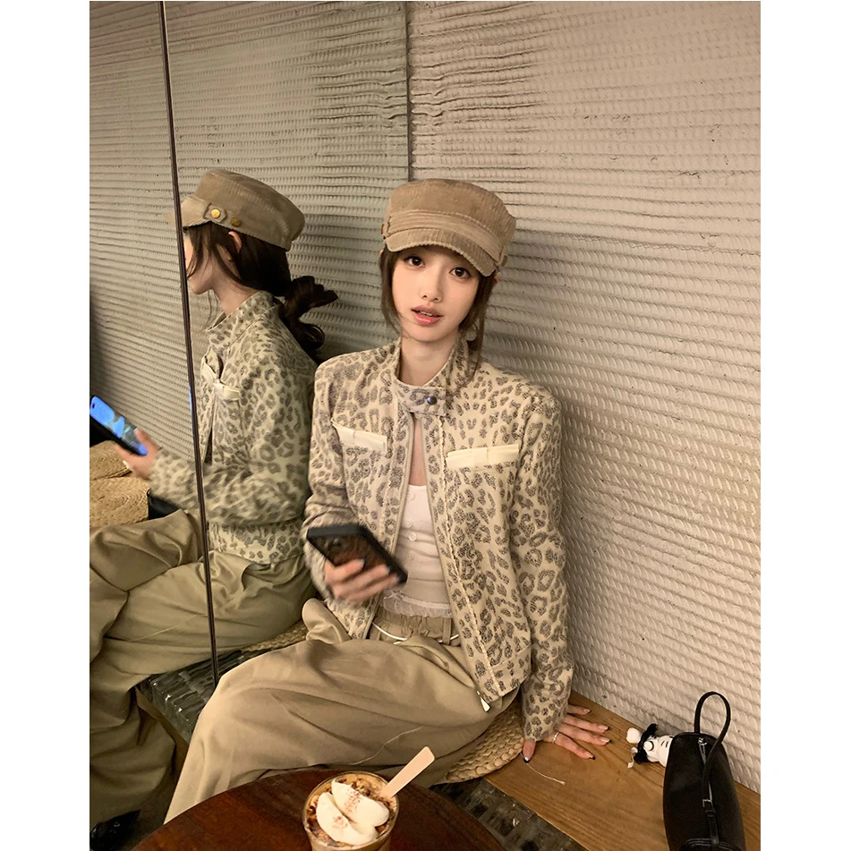 豹纹限定 酷飒风小众豹纹印花立领夹克外套女秋季复古百搭短上衣