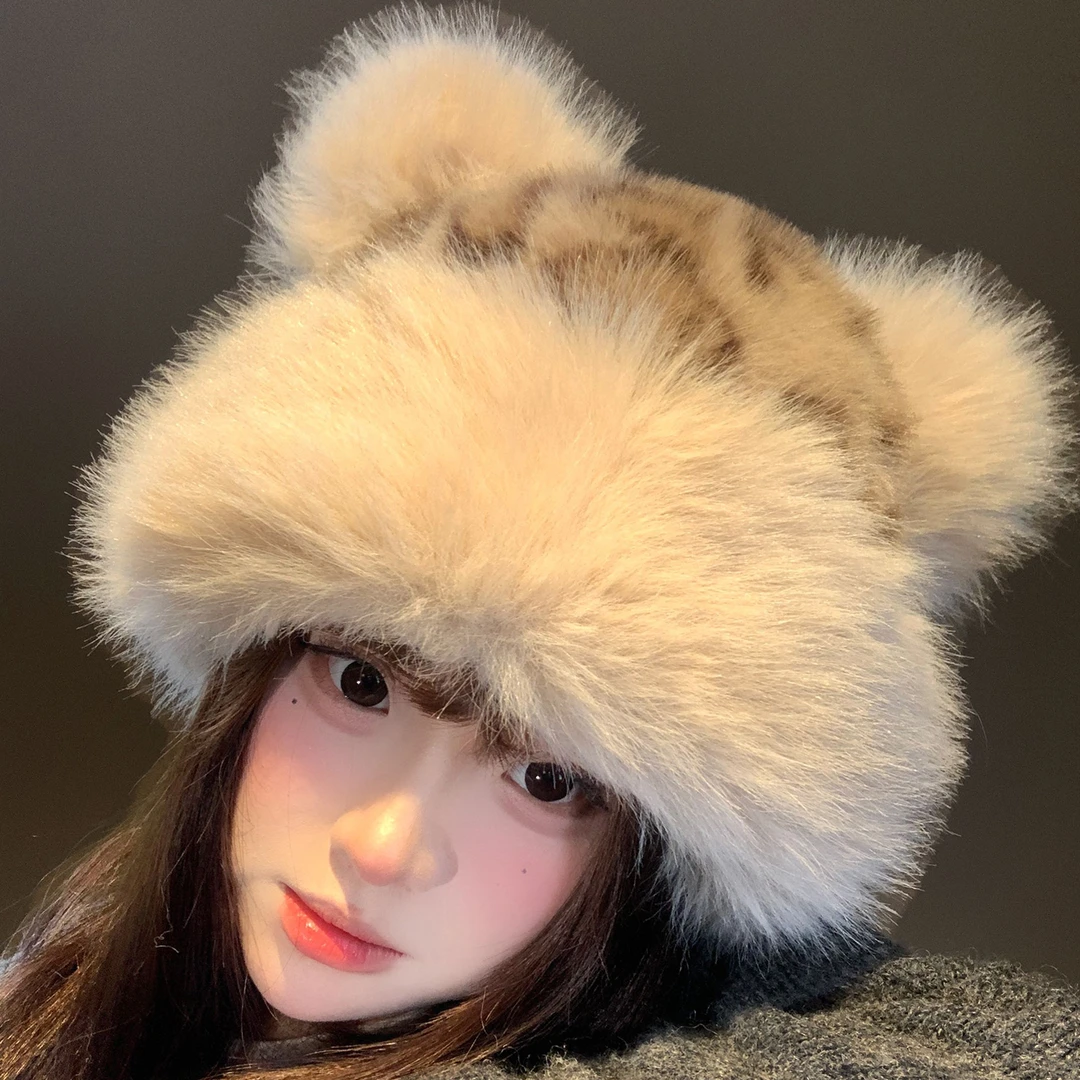 可爱豹纹小熊耳朵毛绒帽子女生冬季加厚保暖防寒显脸小护耳渔夫帽