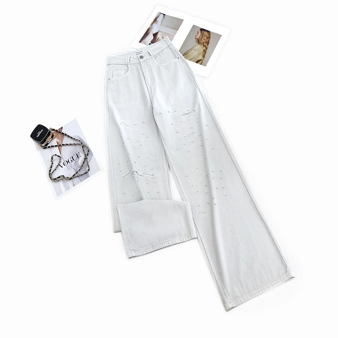 薄款夏季百搭珠珠牛仔裤白色高腰宽松垂感春夏时尚休闲裤57057-7