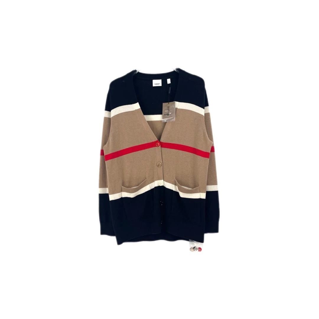 全新未使用 BURBERRY/博柏利 11795292 驼色条纹羊绒V领开衫 M码