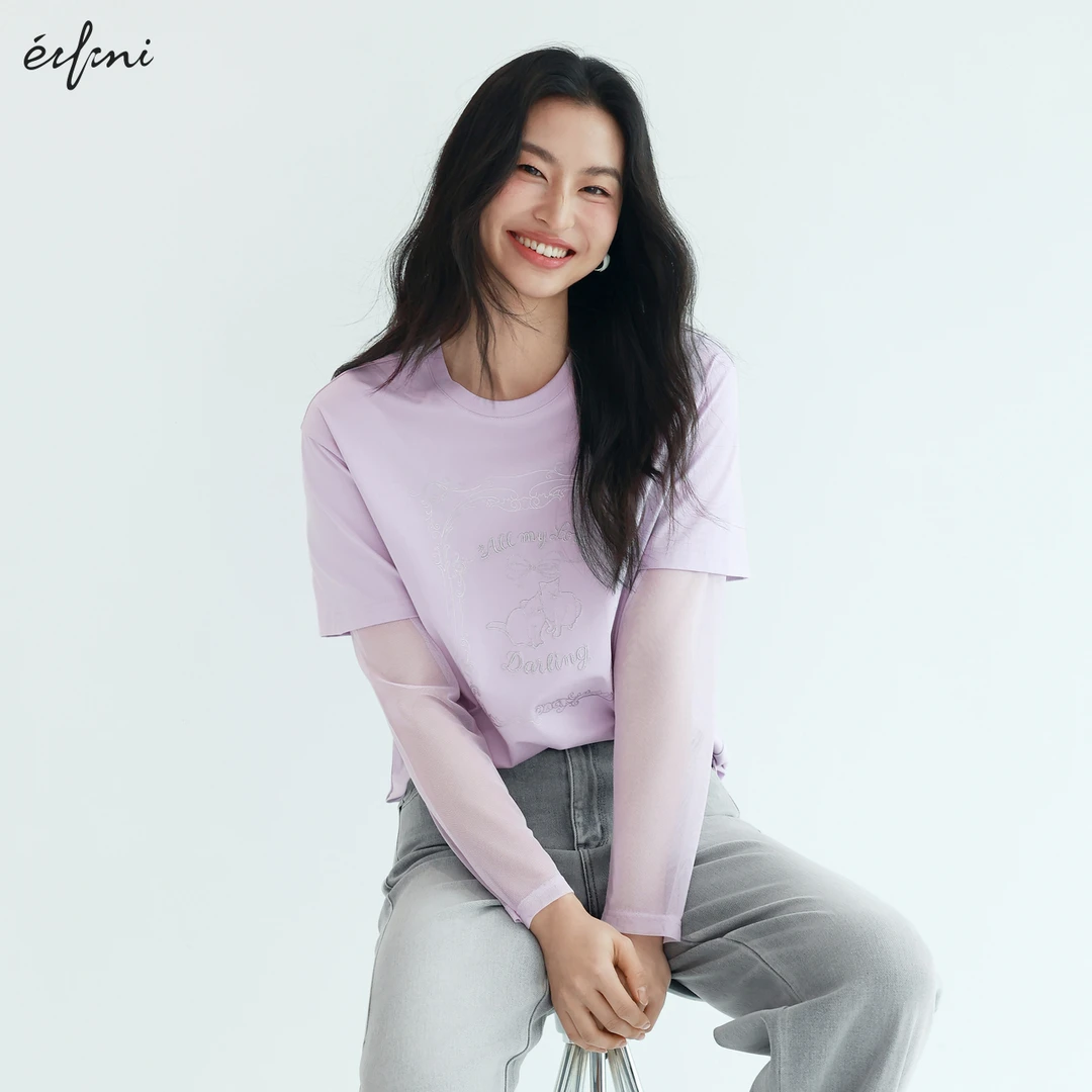 伊芙丽设计感拼接袖猫咪T恤女装25夏季新款通勤百搭上衣1G3901191