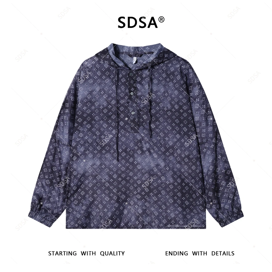 SDSA男士2025新款轻奢痞帅男装满印抽绳半纽扣连帽T恤时尚百搭