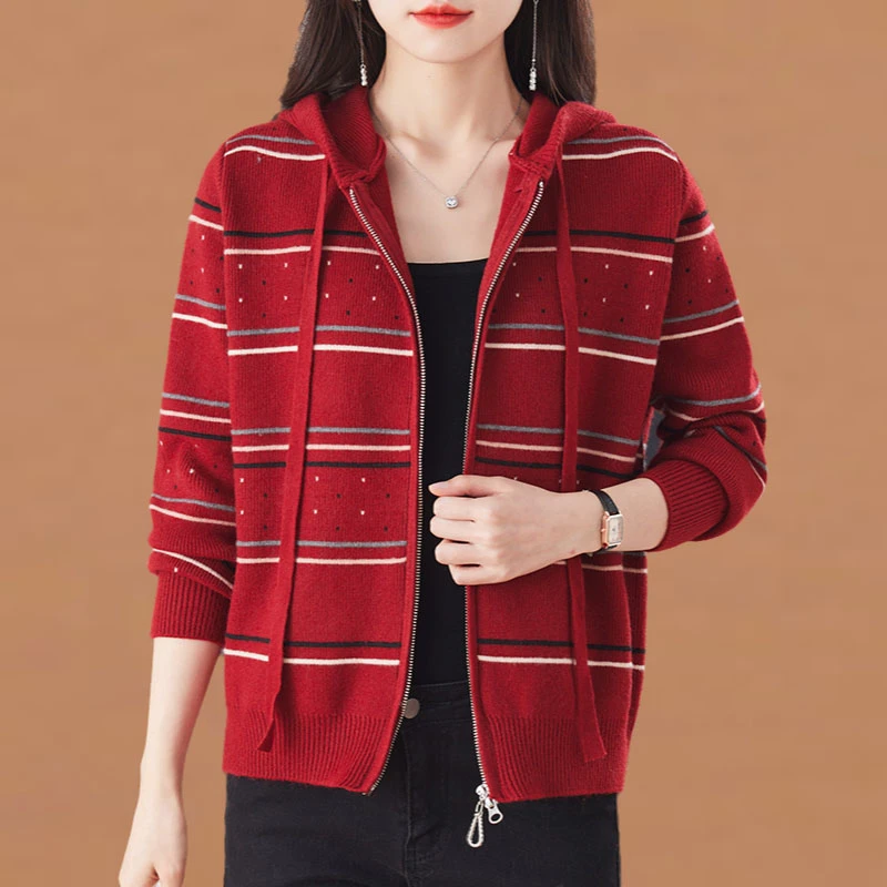 针织卫衣外套春秋连帽宽松休闲女装拉链条纹毛衣开衫短款大码百搭