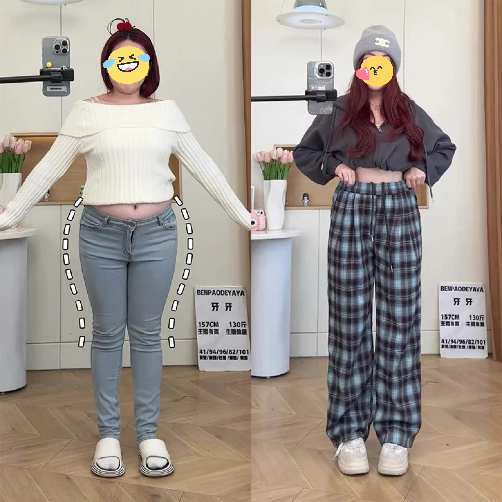 格子直筒裤女秋冬加绒大码美拉德裤子胖mm梨型身材遮胯显瘦休闲裤