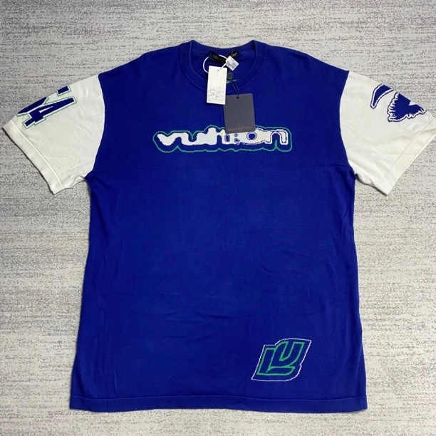未使用 LouisVuitton/路易威登 lv 蓝白色拼接针织logo短袖 L