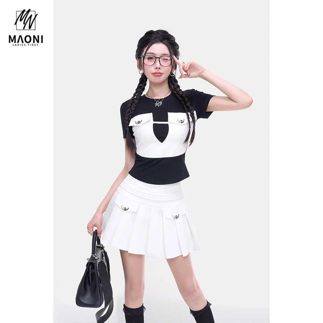 毛妮Peshe【撞色高级感T恤】圆领修身显瘦短袖设计感上衣夏 L1582