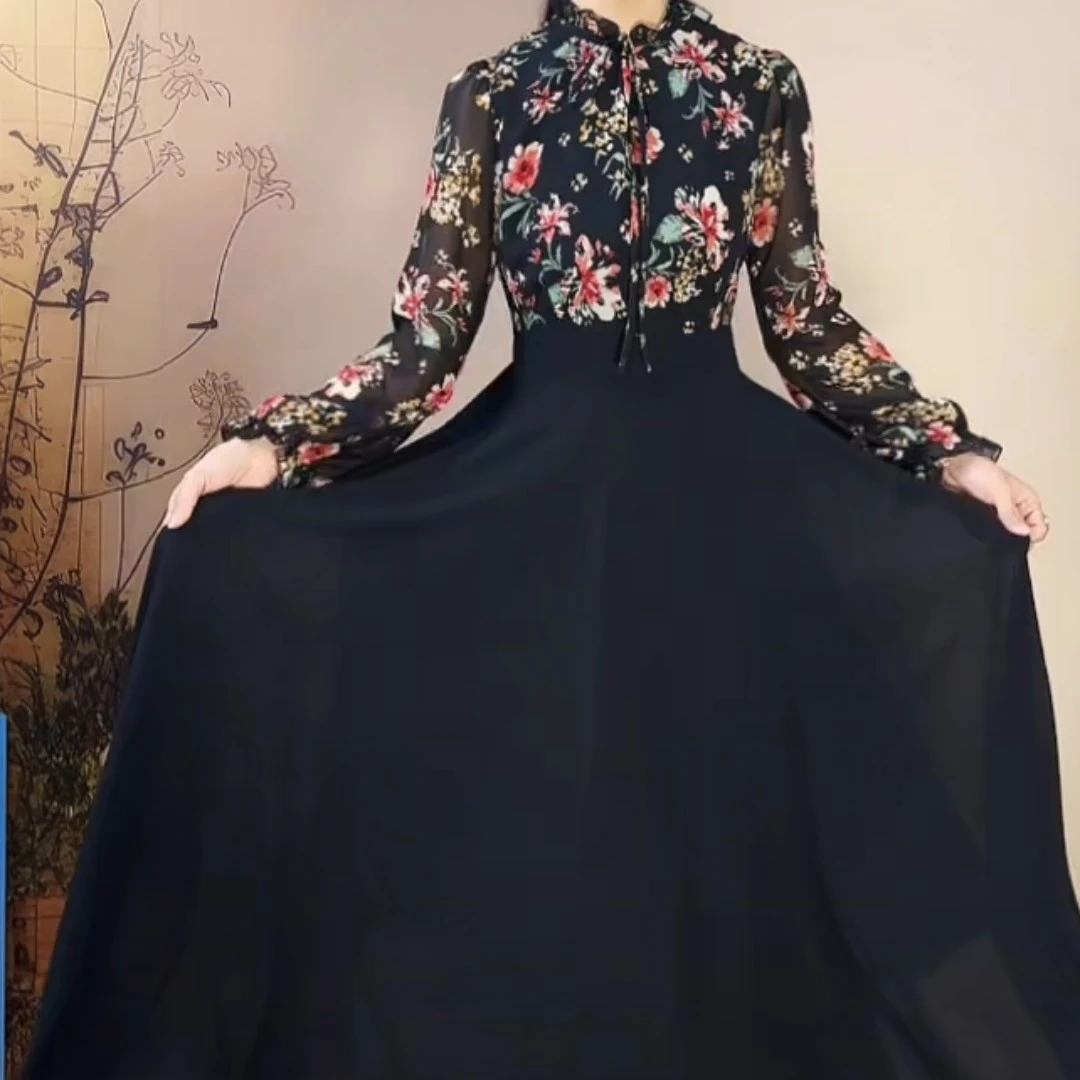 嫣雨蔻2025春夏高档气质连衣裙妈妈大摆洋气碎花长裙X624-26拼接