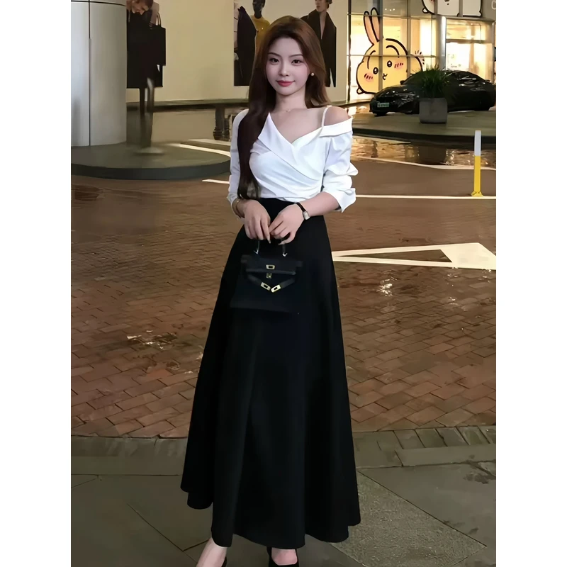 韩系气质修身露肩吊带长袖衬衫+韩系简约高腰气质显瘦半身裙