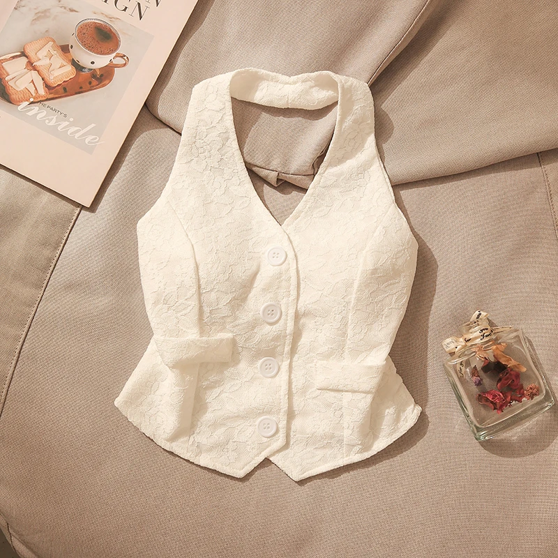 气质白色蕾丝印花挂脖马甲背心女夏季高级感修身内搭美背上衣外穿