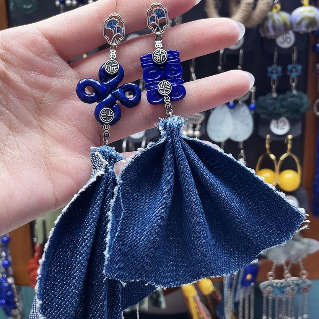 豫***）银S925镶嵌青金石耳饰饰品