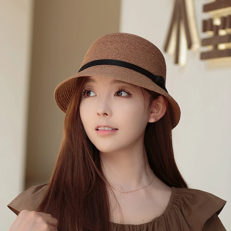 日系简约小蝴蝶结渔夫帽子女夏季防晒拉菲草盆帽可折叠草编