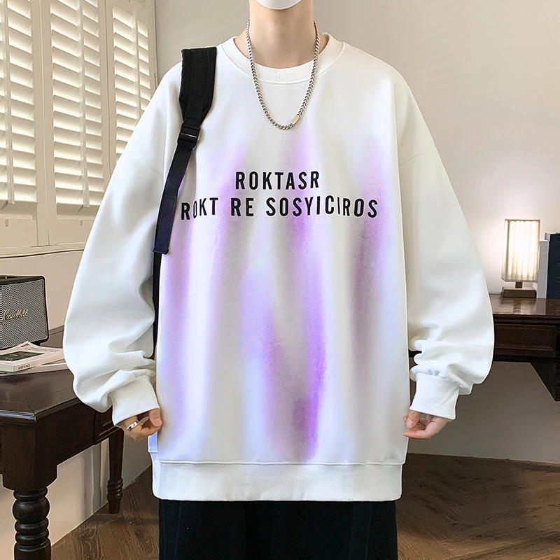 渐变印花卫衣男春秋款休闲宽松长袖t恤男潮上衣青少年圆领打底衫T