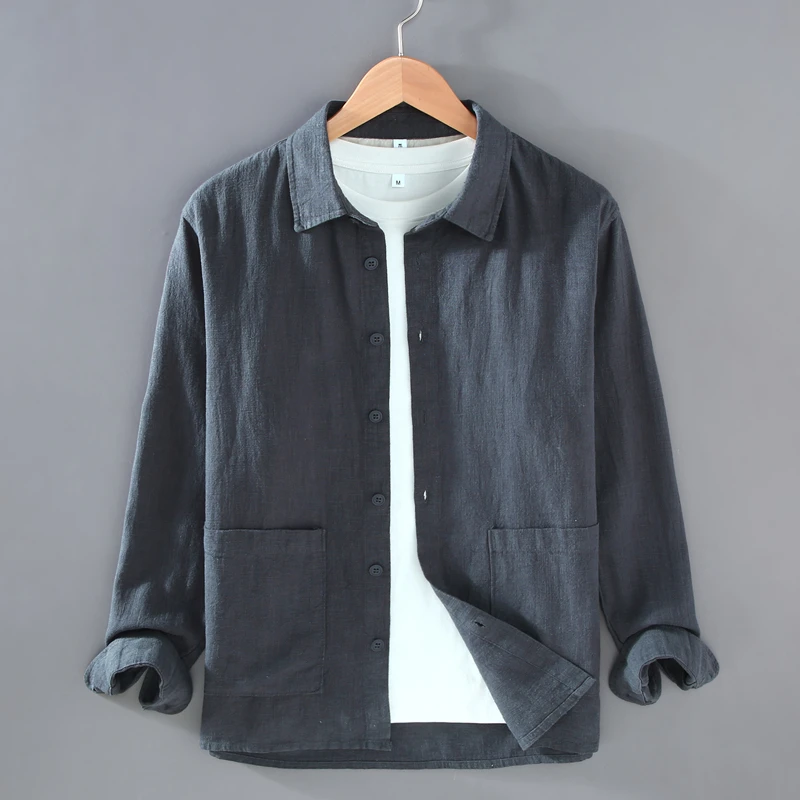 男士纯色亚麻翻领衬衫夹克棉麻布料衬衣复古休闲苎麻开衫外套百搭