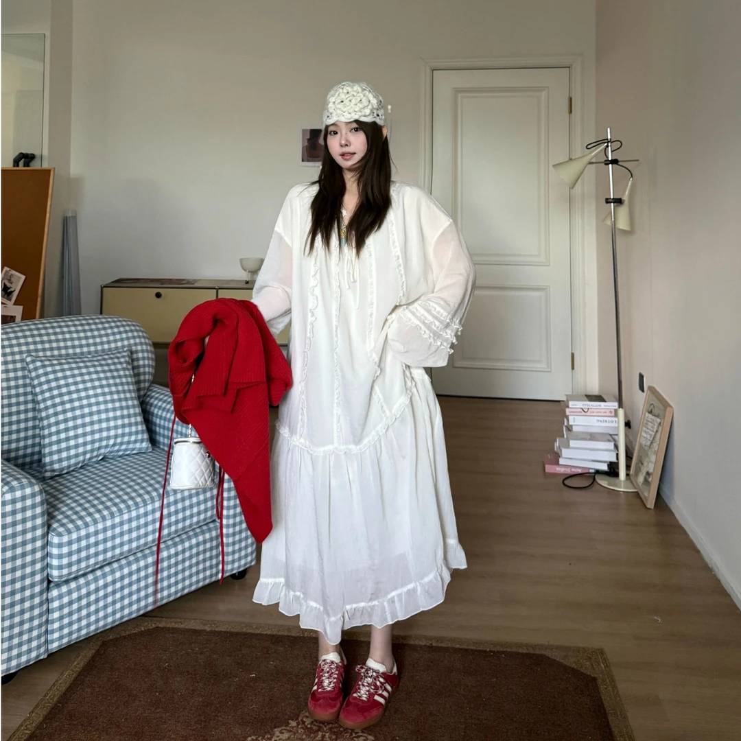 晶咕软软【温柔邂逅】法式慵懒风设计感木耳边慵懒风长款连衣裙