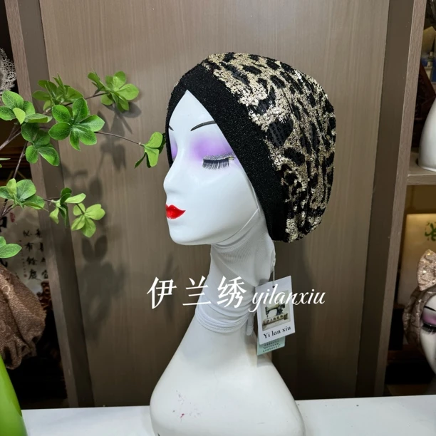 n9-回族黑色蝴蝶网纱亮片百搭透气秋冬帽子包头帽豹纹时尚印度帽