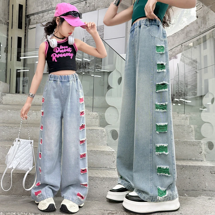 2025新款夏季时尚女童上童装破洞牛仔裤百搭休闲长裤潮酷夏装裤子