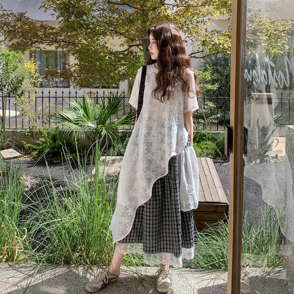 慵懒风绝美叠穿蕾丝连衣裙套装女夏季2025年新款格子半身裙两件套