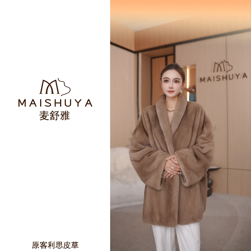 麦舒雅北美帕斯条青果领蝙蝠袖海宁皮草进口水貂100%真貂貂毛外套