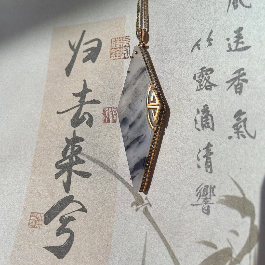 和田玉青花无事牌山水意境平安牌吊坠不含链简约