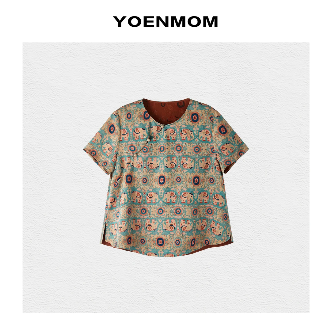 YOENMOM·吉象团花·100桑蚕丝红云纱罗国风斜襟大漆扣圆领款上衣