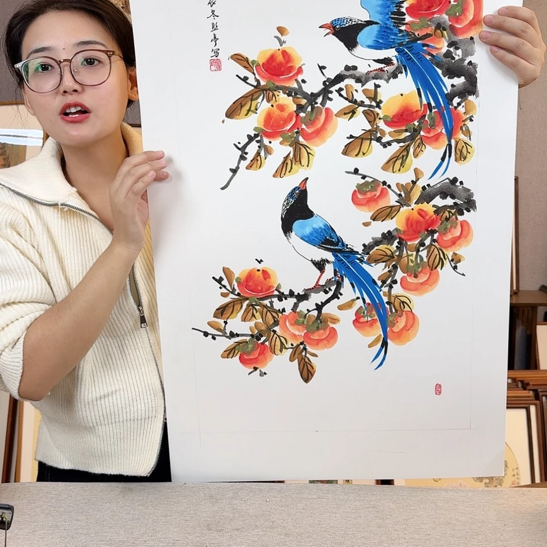 国画纯手绘，纯手写带框尺寸：53×103厘米