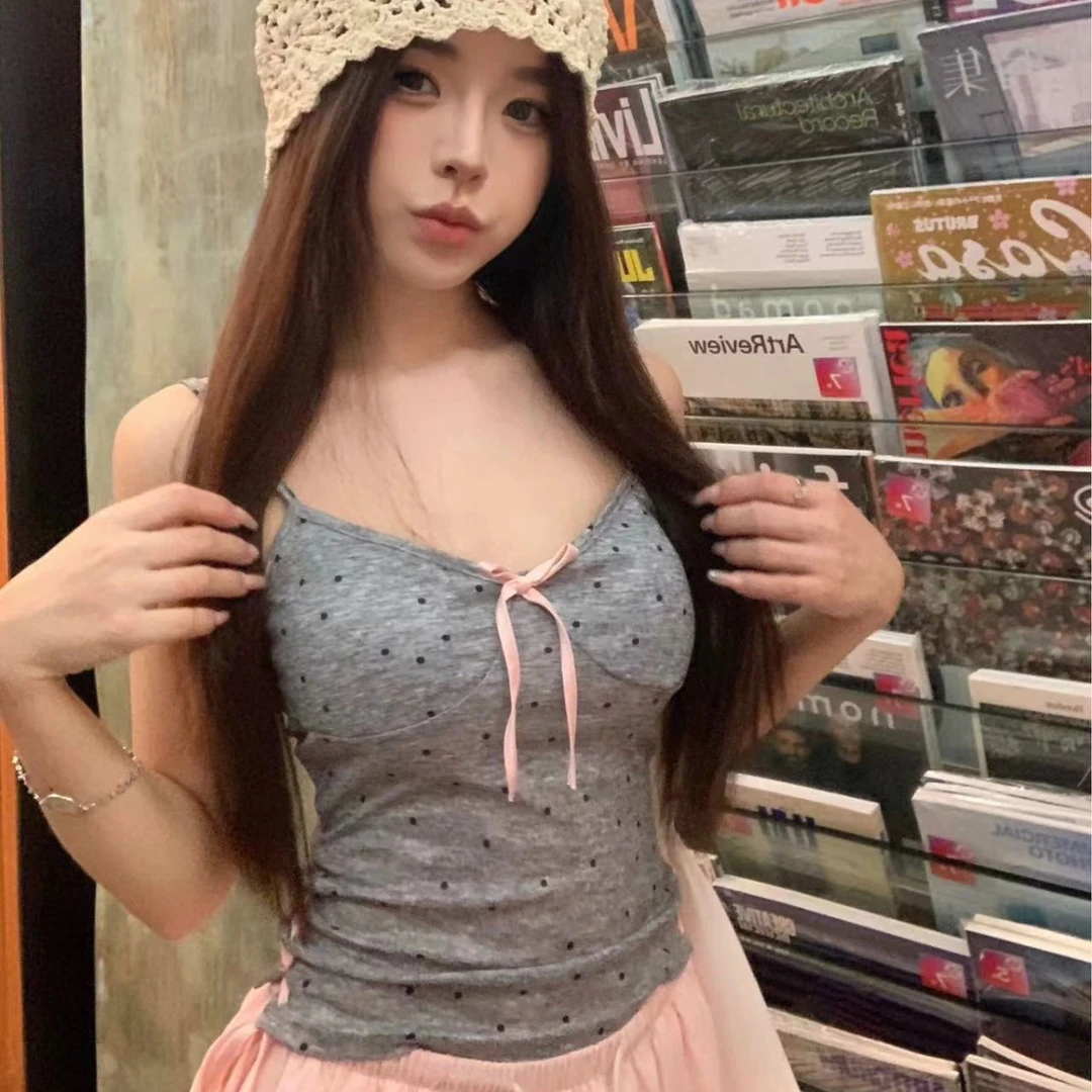 【主播内搭 有运补】辣妹蝴蝶结撞色拼接可外穿韩系感显瘦波点美背