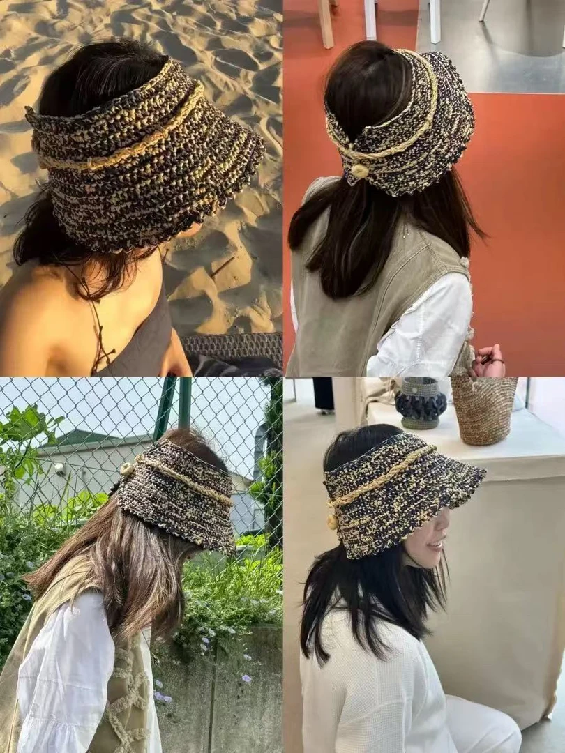现货 空顶遮阳帽 新款手工钩织轻盈透气度假防晒编织帽