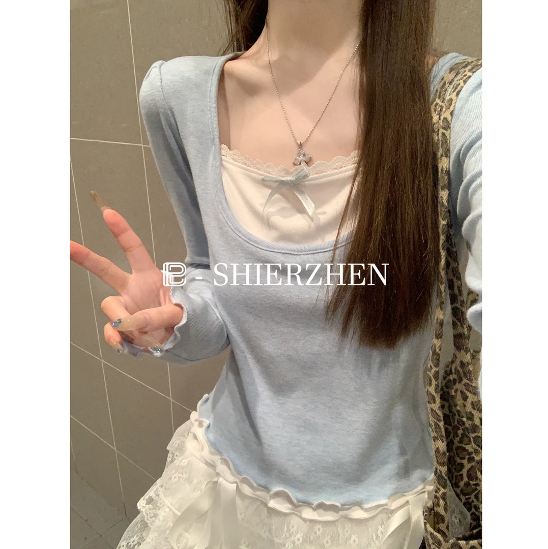 2025春季韩版蝴蝶结蕾丝拼接百搭假两件显瘦设计感长袖T恤上衣女