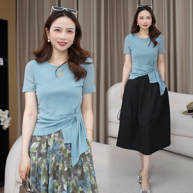 高级感收腰显瘦绑带短袖t恤女2025夏季新款时尚独特洋气减龄上衣