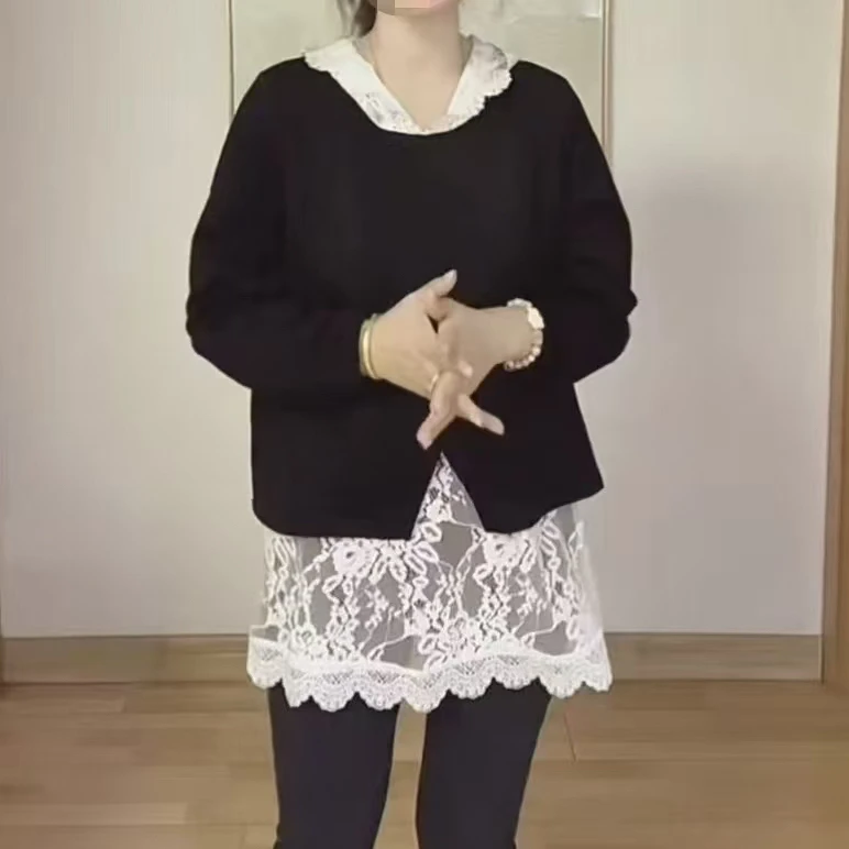 599-2025年秋季新款时尚洋气拼接蕾丝假两件上衣
