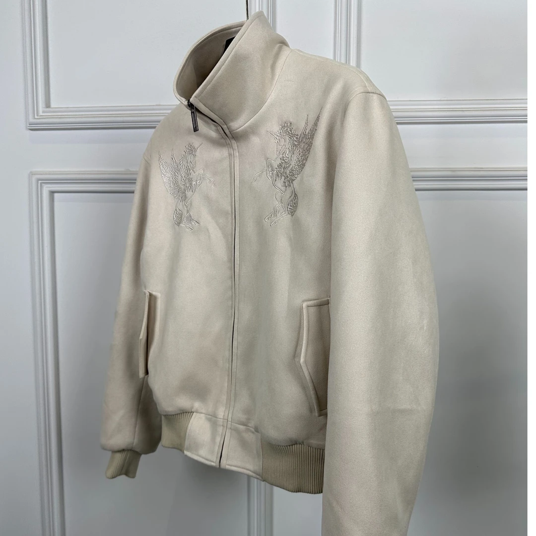 crins立领男士显瘦身收口刺绣独角兽软糯麂皮绒雕棉服
