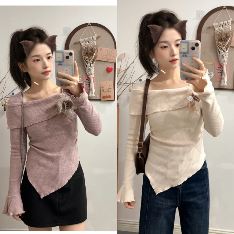 很淑女的温柔风喇叭袖设计不规则长袖上衣修身打底