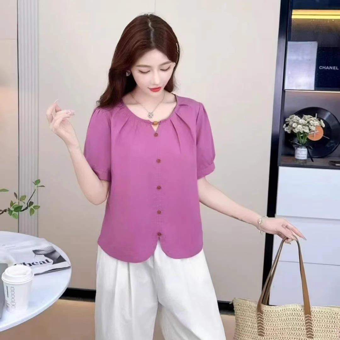 百搭2025夏季新款时尚气质韩版百搭显瘦圆领短袖衬衫女设计感小众
