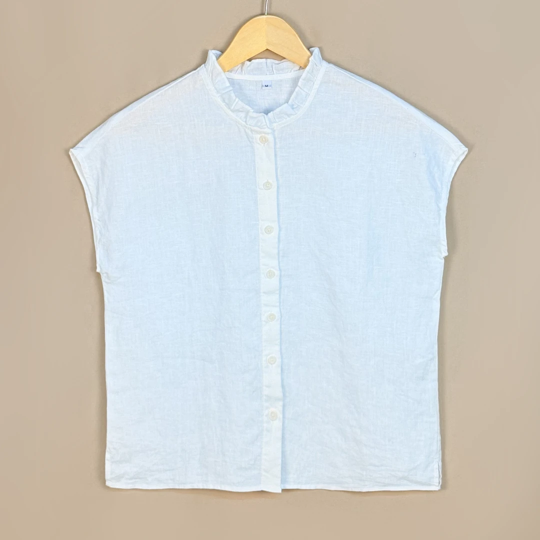 【衬衣】亲肤透气舒适文艺纯亚为麻单色木耳领休闲单排扣无袖百搭