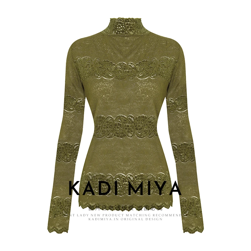 KADIMIYA百搭半高领蕾丝衫内搭上衣复古高级感长袖打底衫