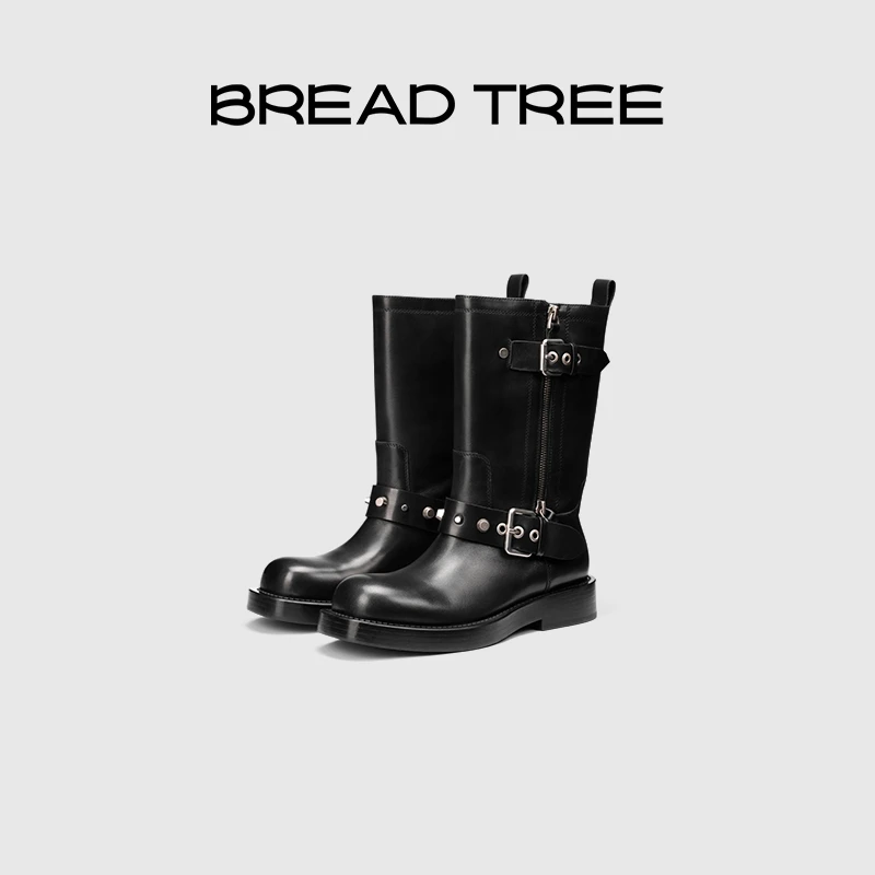 BREADTREE面包树 24年新款铆钉装饰中筒机车靴圆头牛皮时尚短靴