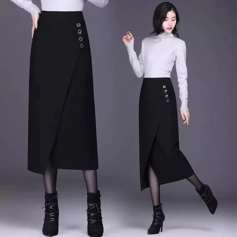 纯色不规则半身裙女秋冬中长款2025新款高腰显瘦包臀裙长裙一步裙