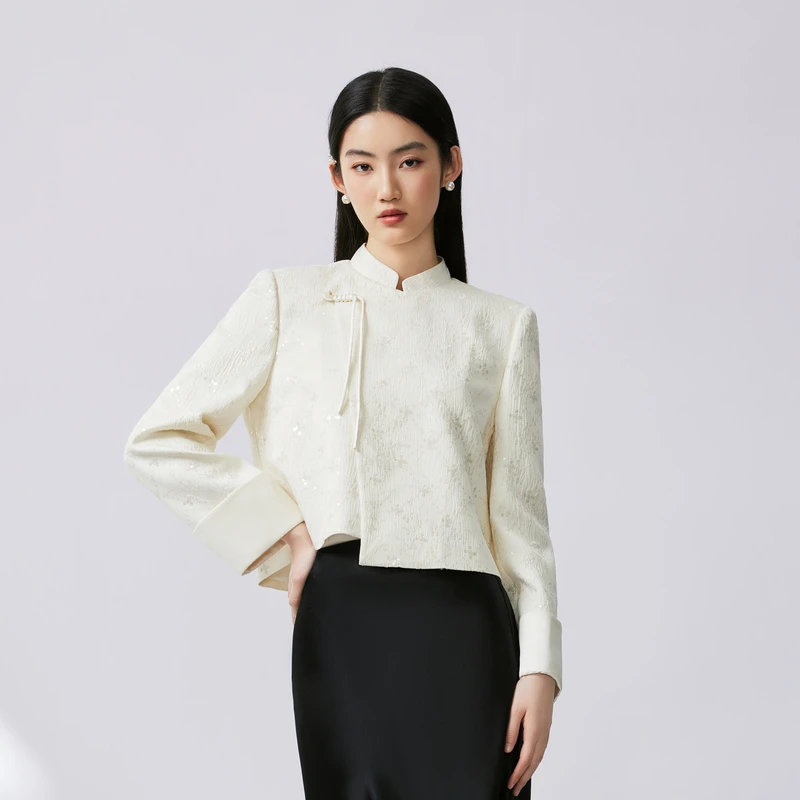 LIME/莱茵【风雅颂】秋季新中式斜襟气质上衣米白色LDFC6BWCJK02