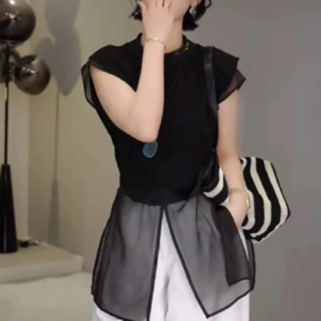 时尚设计感网纱拼接无袖T恤女2025夏季新款洋气百搭显瘦减龄上衣