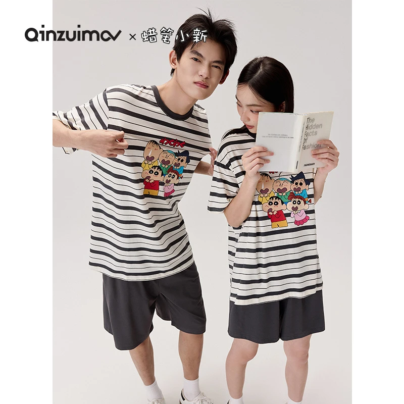 亲嘴猫【蜡笔小新】夏季卡通短袖短裤情侣睡衣莫代尔棉家居服套装女