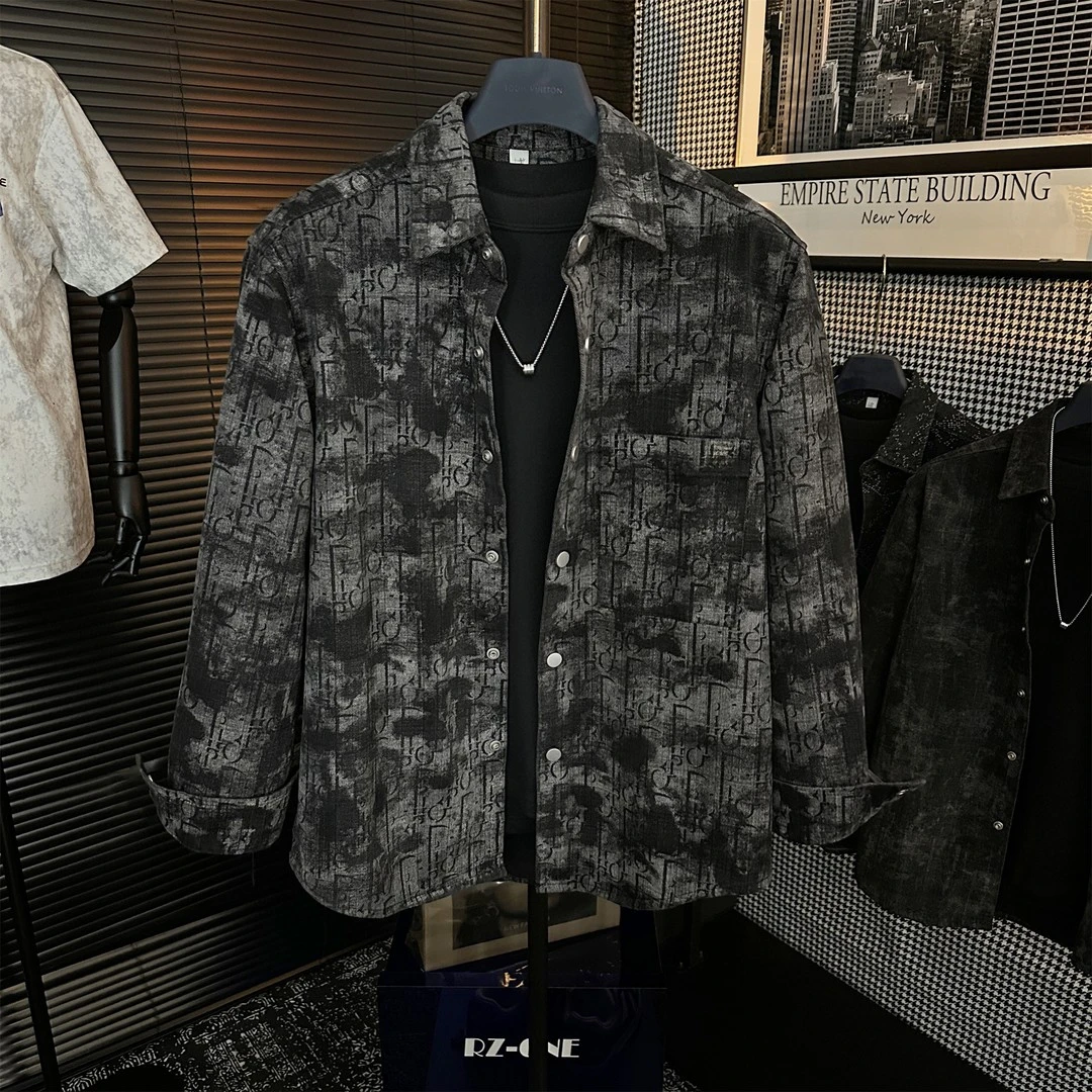 设计感复古做旧潮流衬衫韩版休闲百搭宽松帅气男翻领衬衣秋季外套