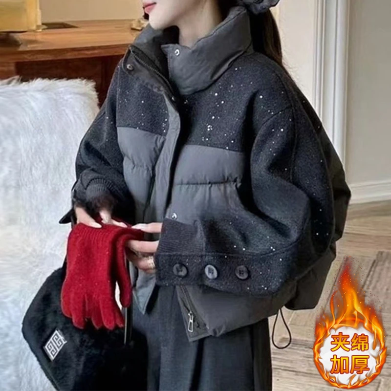 SHALLDOER【别致浪漫】亮晶晶新款百搭棉服外套女短款加厚保暖棉衣