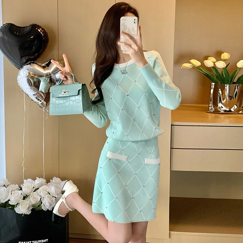 法式小香风针织两件套装裙女春季高级感新款长袖显瘦时尚休闲套装