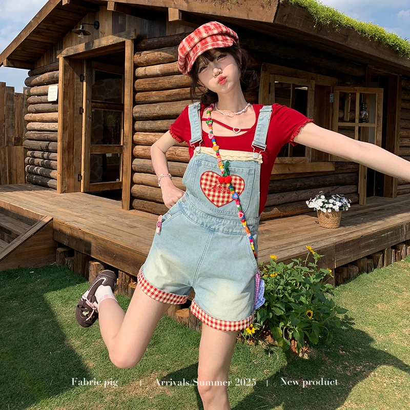 夏日甜莓 织物猪原创 甜酷风浅色牛仔背带长短裤女夏季显瘦上衣