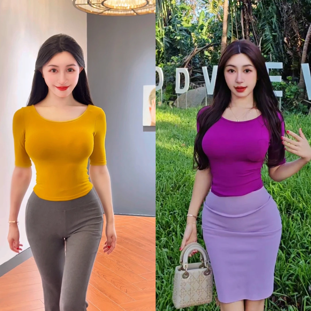 燃燃家简约圆领五分袖多巴胺纯色T恤修身短款辣妹打底主中袖上衣